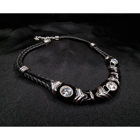 Vintage Nolan Miller Black Braided Double Strand Necklace With Rhinestone Accent - Picture 3 of 6
